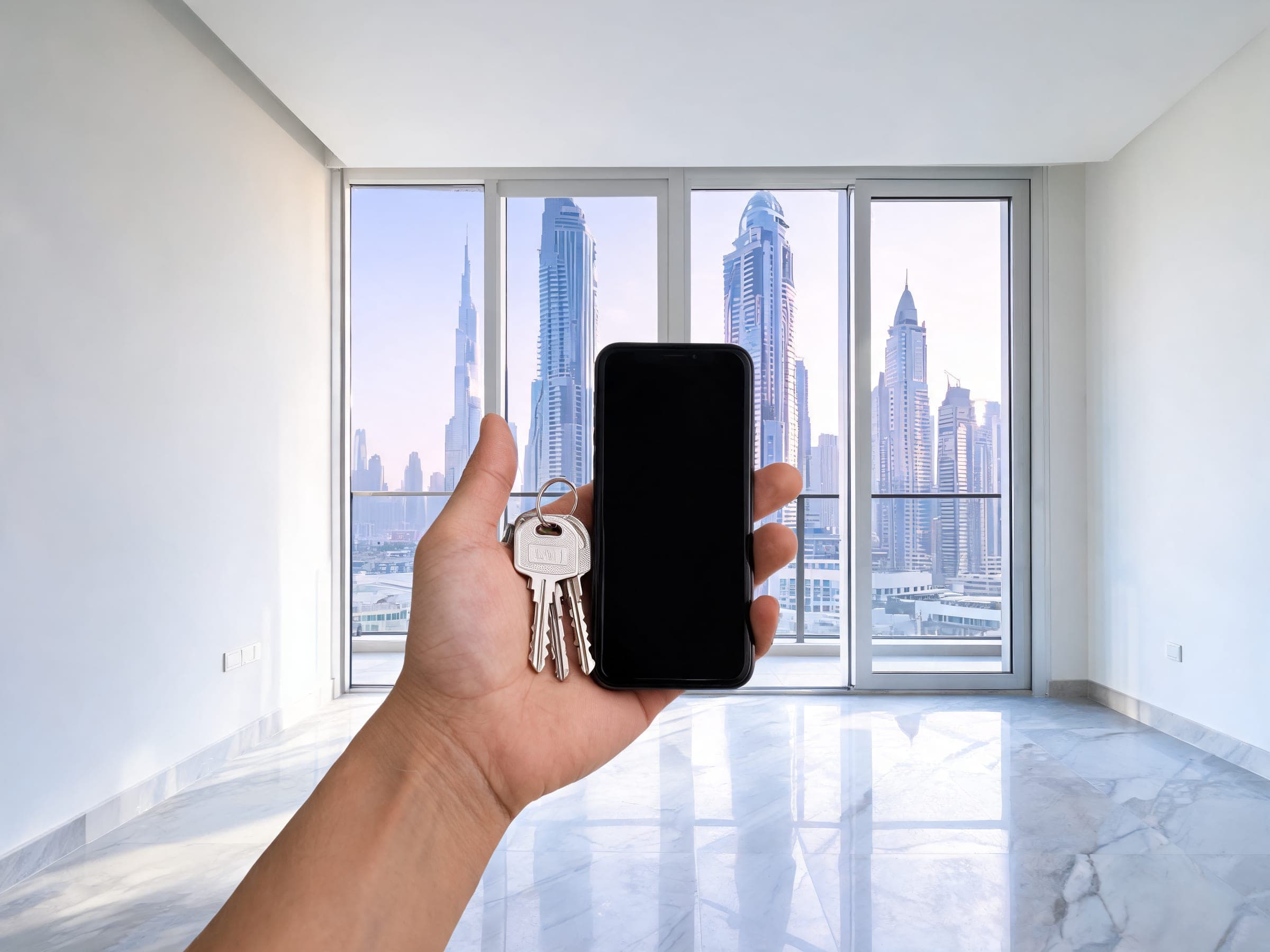 A hand holding a phone and keys in an empty Dubai apartment with skyline windows