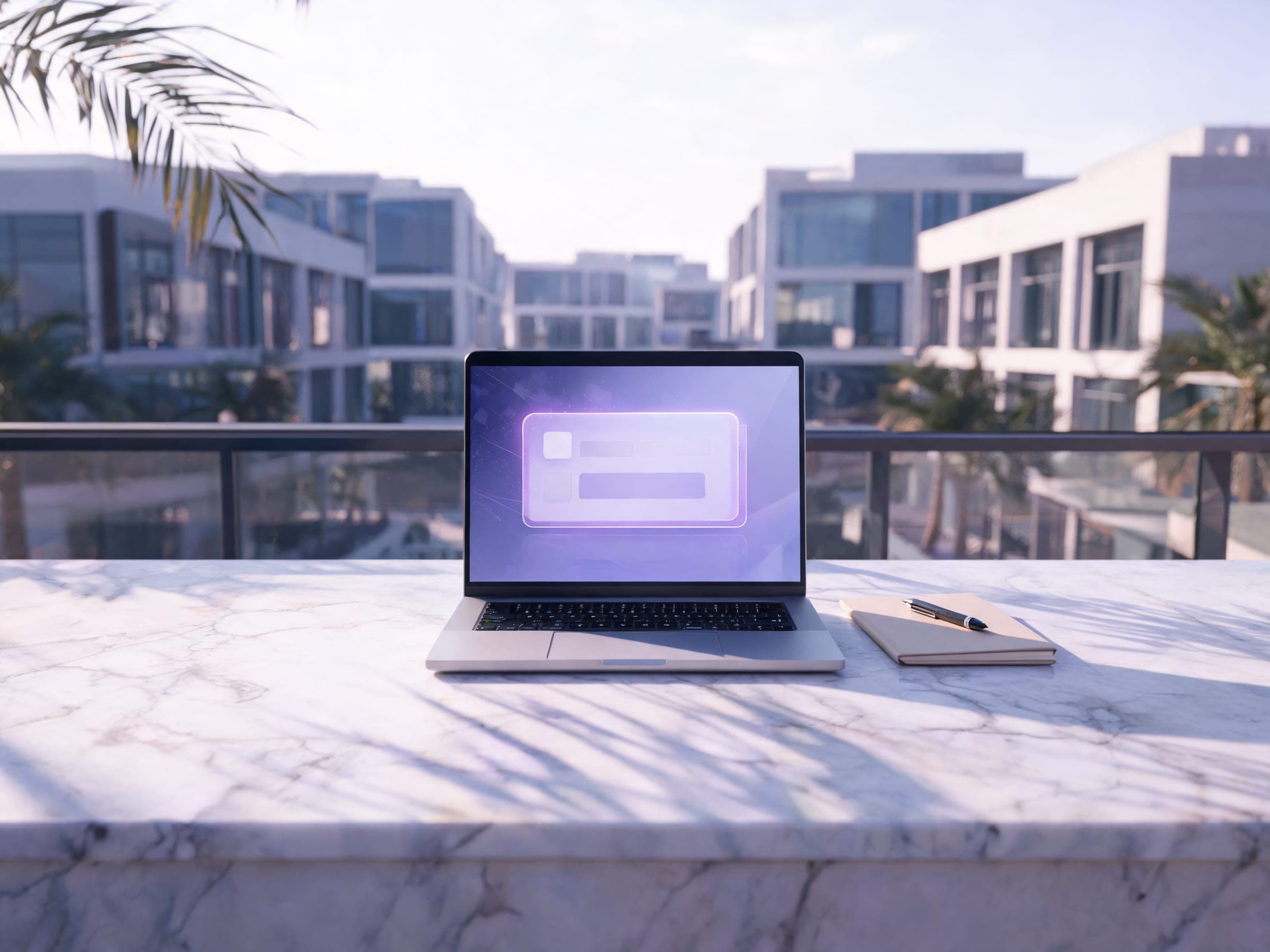 A laptop and a notebook on a marble table, on a terrace in Dubai Design District