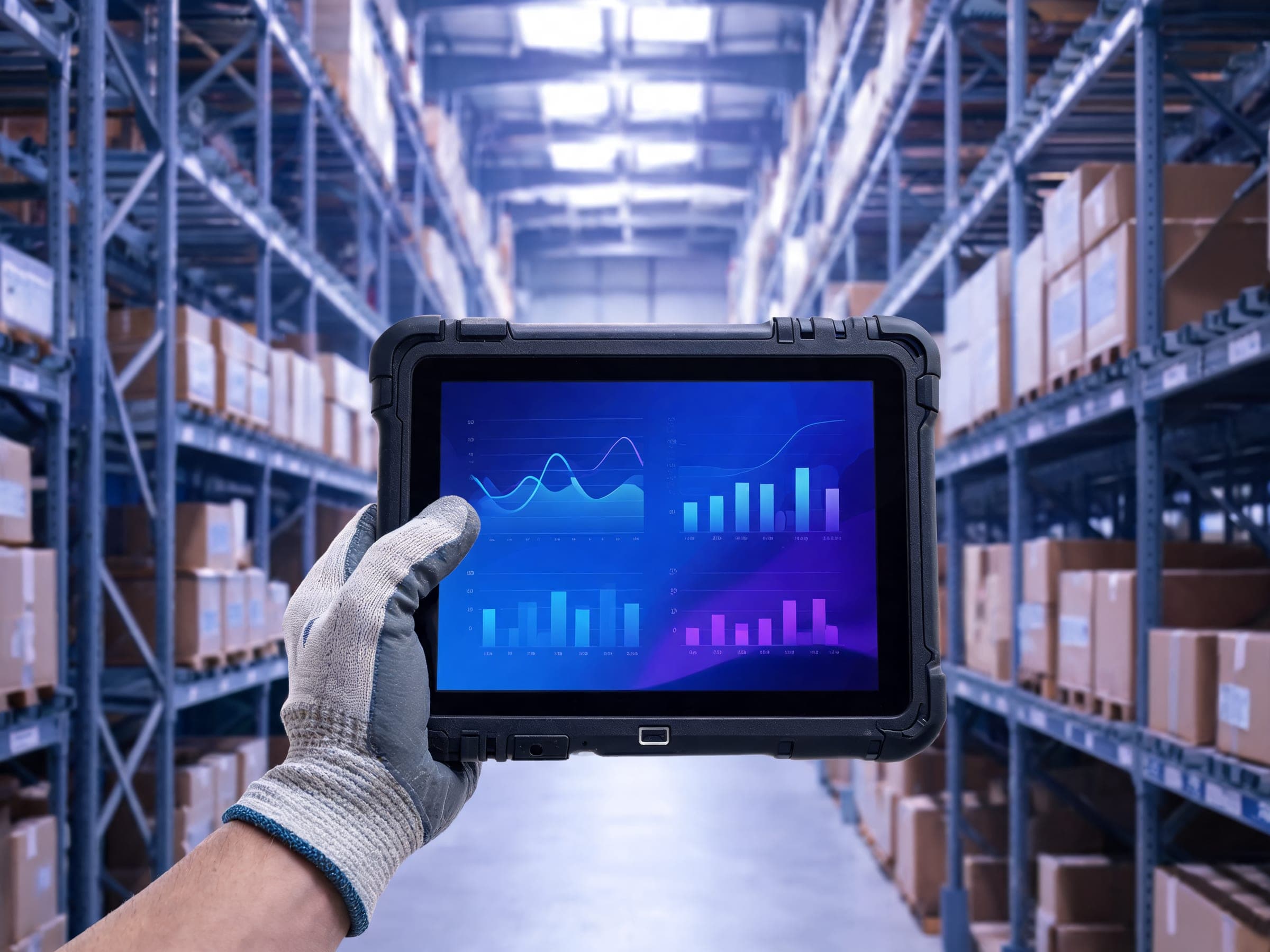 A gloved hand holding a rugged tablet with charts in a Jebel Ali warehouse