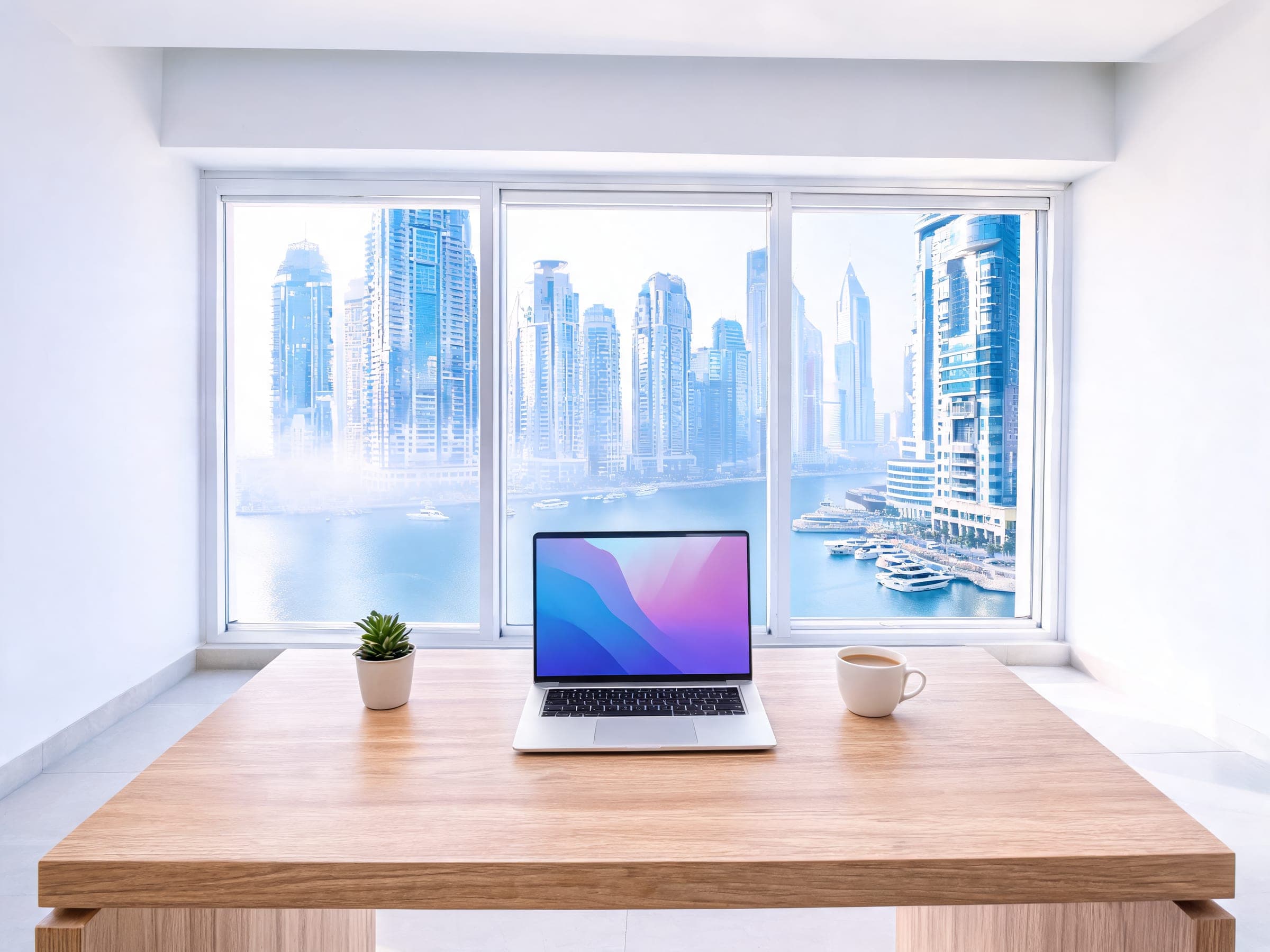 A laptop on a desk before a wide window over Dubai Marina