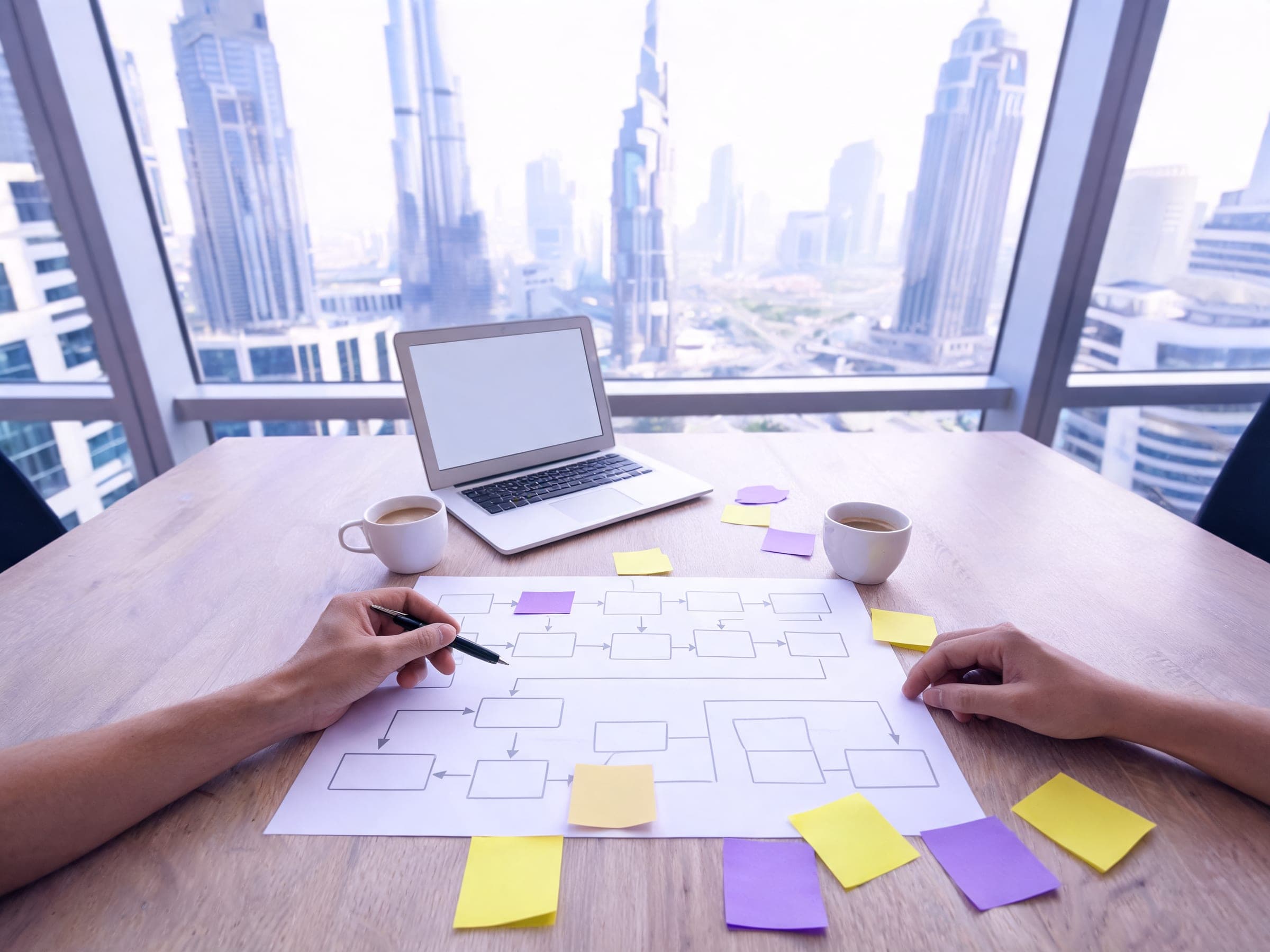 Hands drawing a process map with sticky notes beside a laptop in a Dubai office