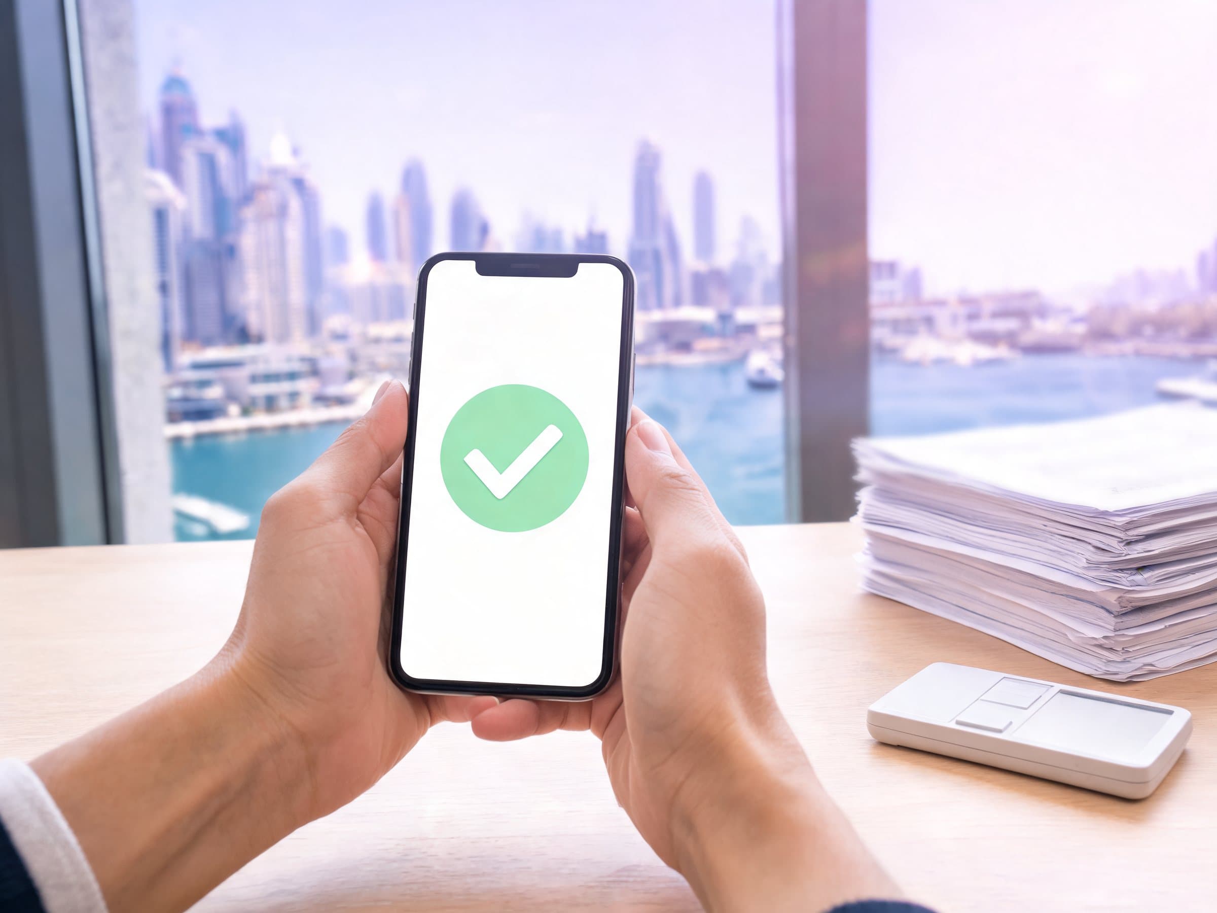 Hands holding a phone showing a payment-received tick beside a stack of invoices, in an office overlooking Dubai Marina